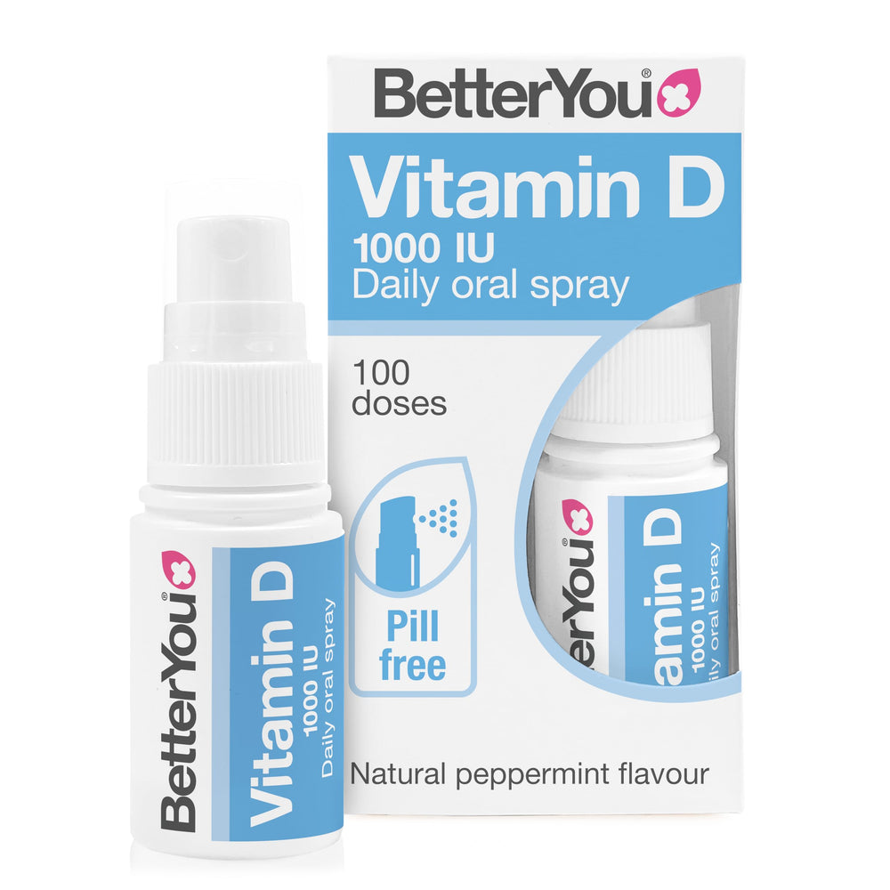 BetterYou Dlux 1000 spray bottle shown for easy daily vitamin D intake.