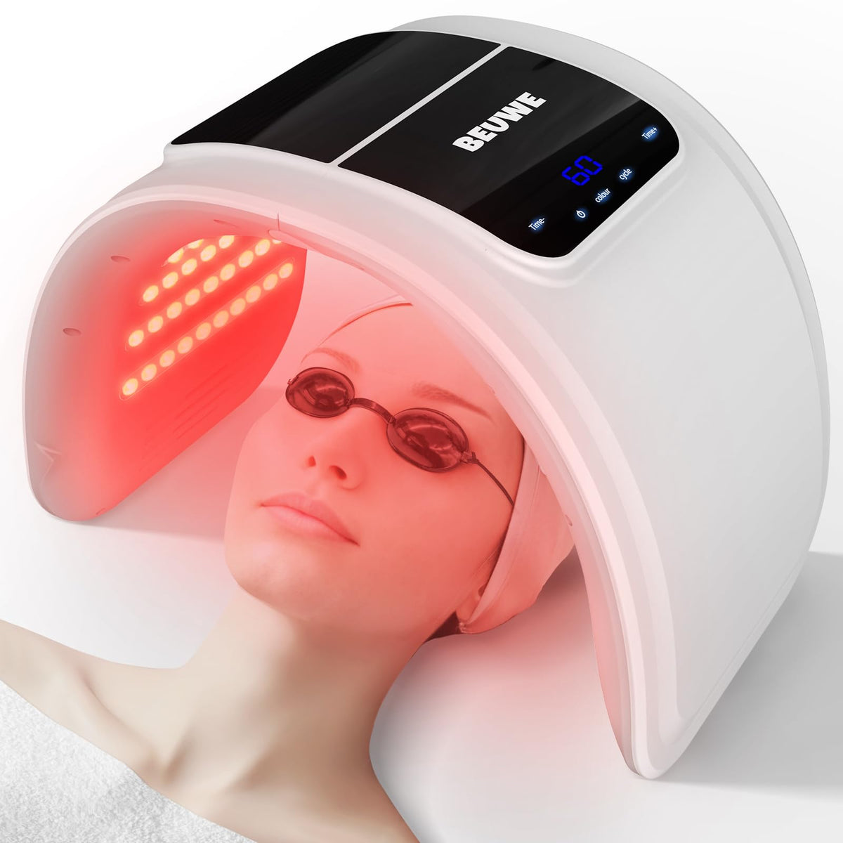 Beuwe red-light therapy mask for the face enables at-home facial care.