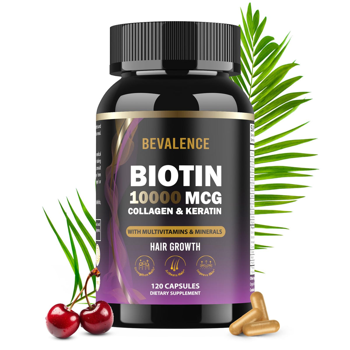 Bevalence Biotin 10,000mcg bottle pour showing daily-use routine and hair support
