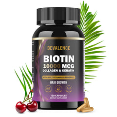 Bevalence Biotin 10,000mcg bottle pour showing daily-use routine and hair support