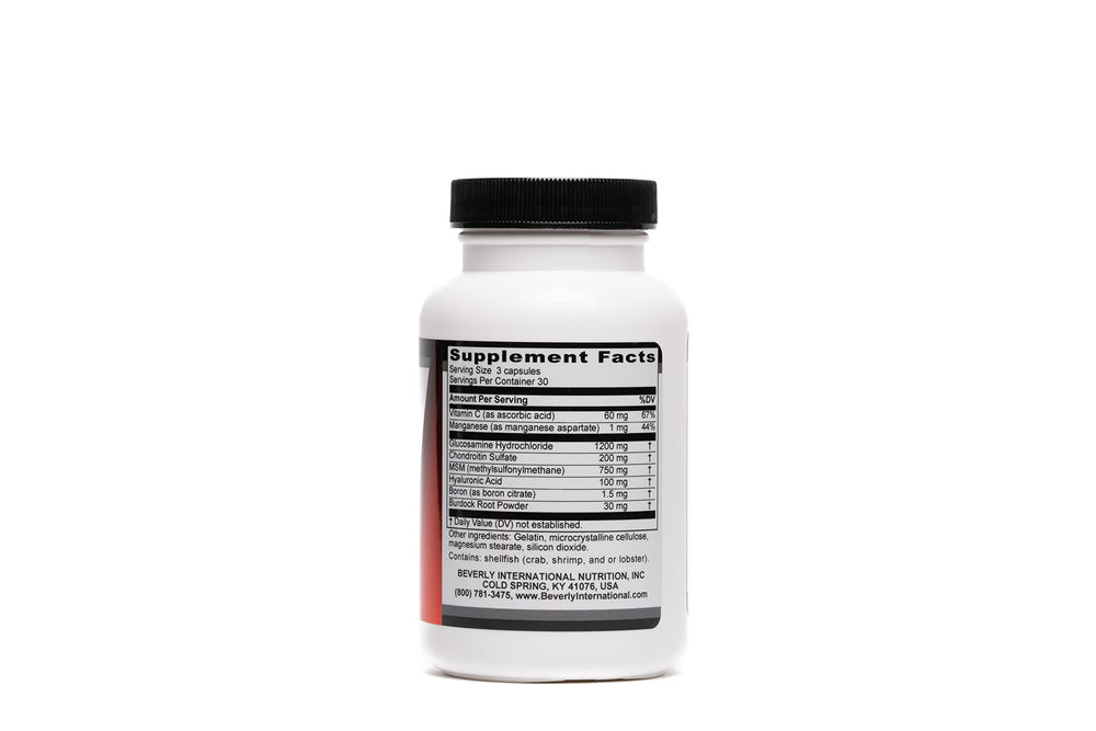 Close-up of Beverly International Joint Care capsules highlighting meal-time intake