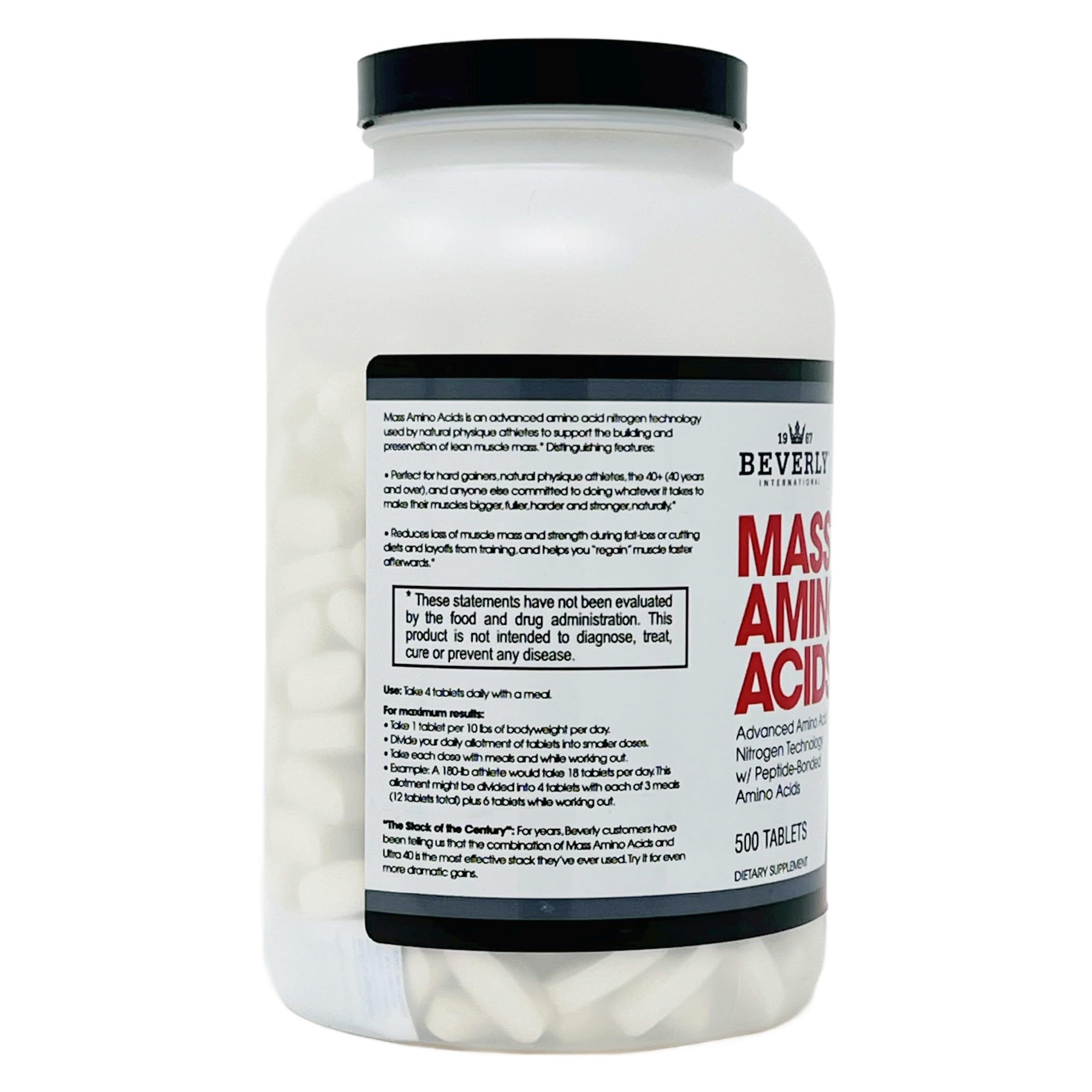 Beverly International Mass Amino Acids bottle back showing ingredients and nitrogen support