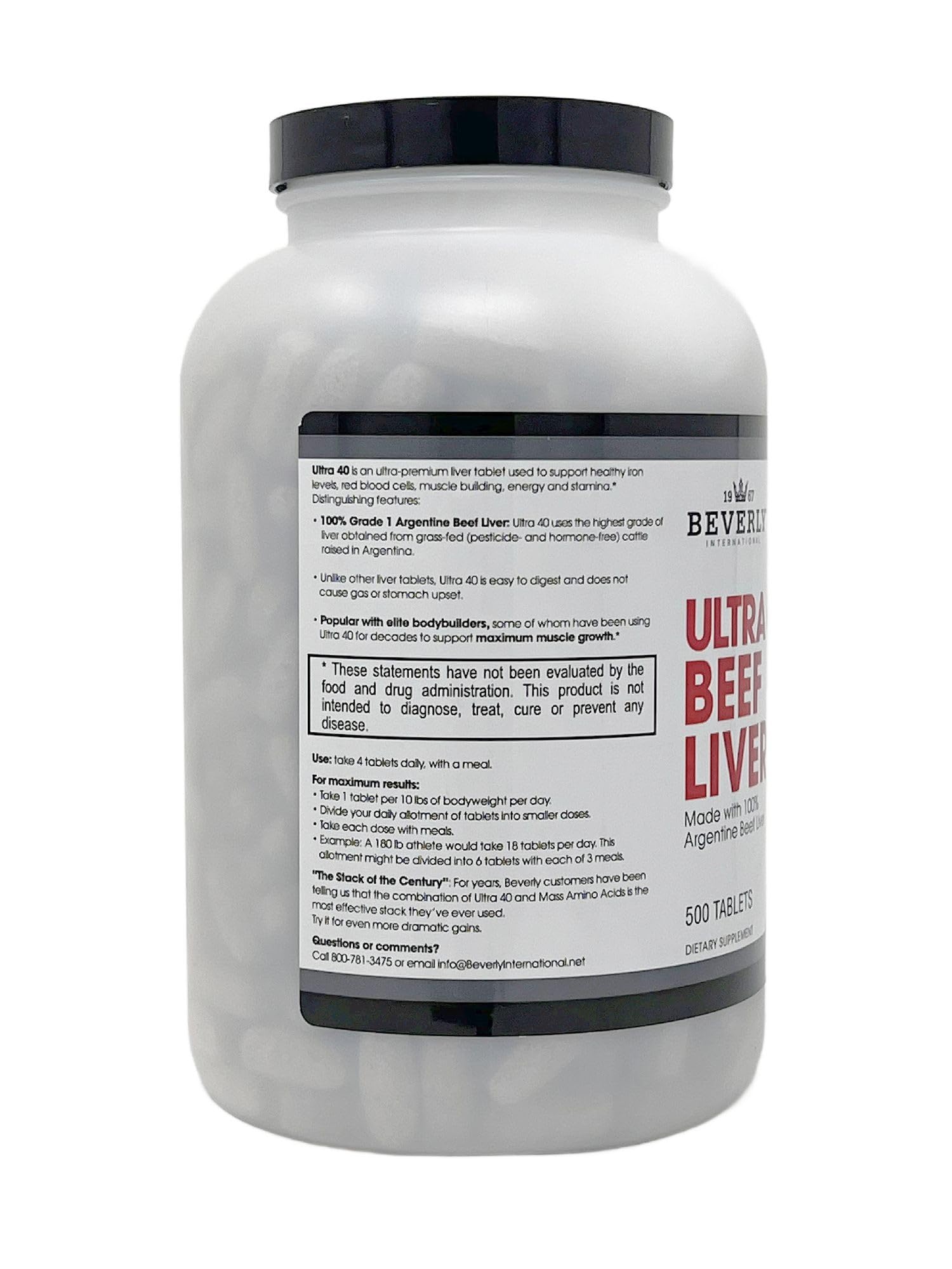 Ultra-40 desiccated beef liver tablets on a gym bench indicating endurance support.
