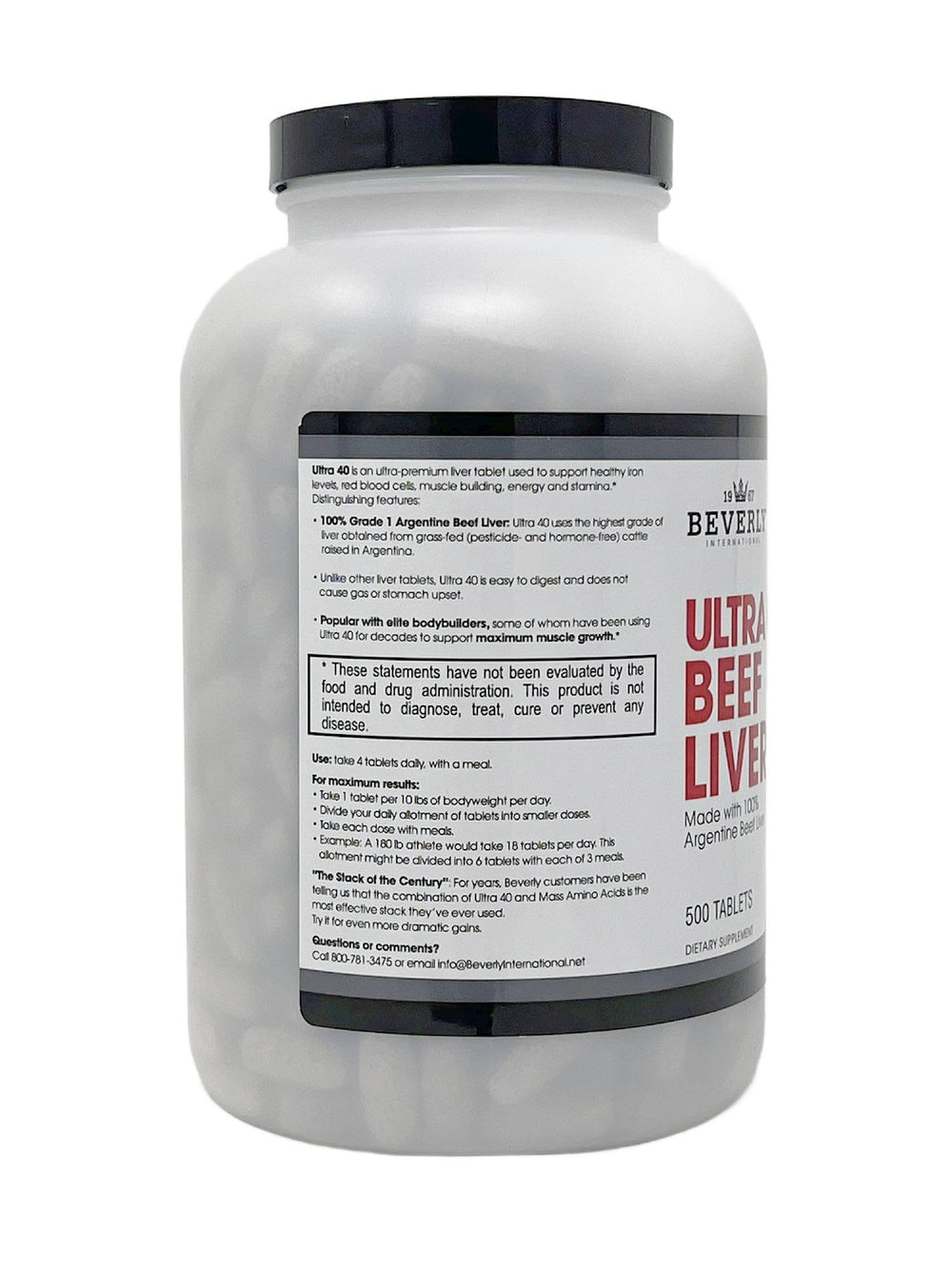 Ultra-40 desiccated beef liver tablets on a gym bench indicating endurance support.