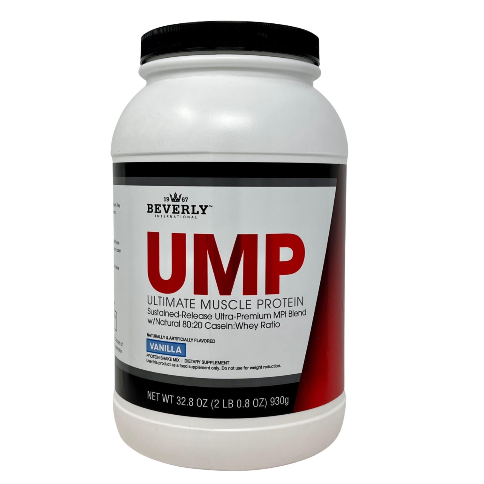 Beverly International UMP Vanilla bottle highlights premium protein for lean muscle support.