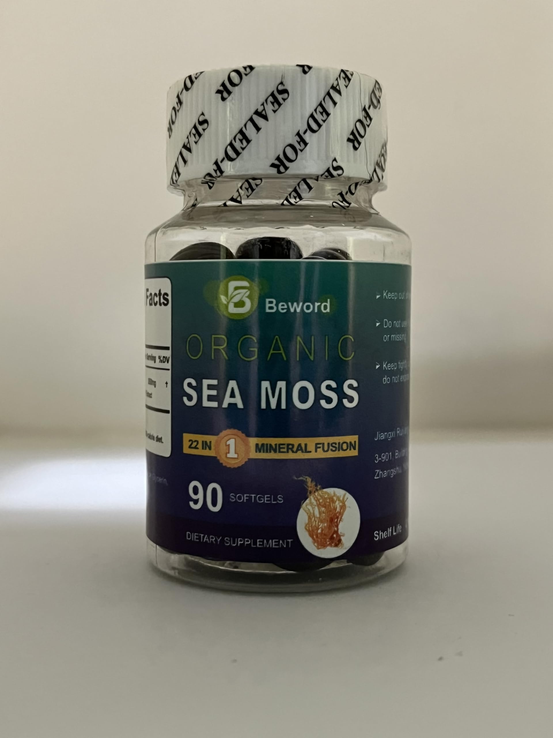 BEWORD Organic Sea Moss bottle shows 22-in-1 formula for daily minerals