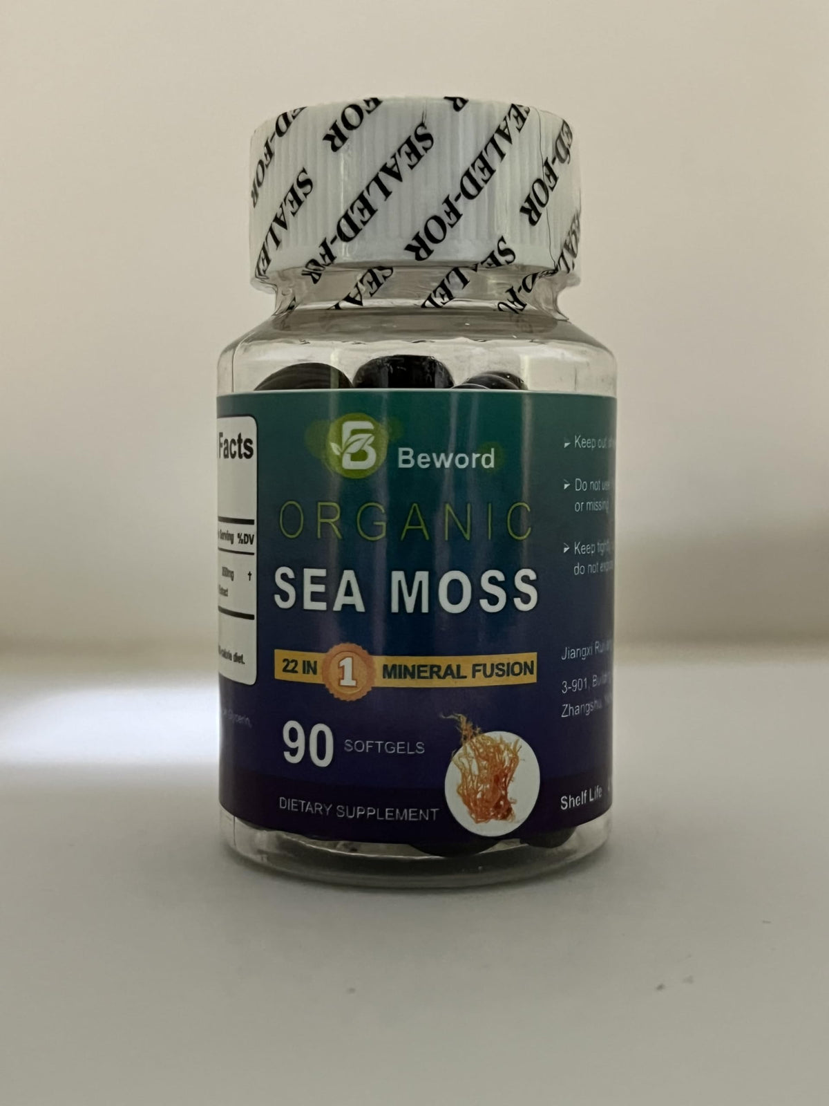 BEWORD Organic Sea Moss bottle shows 22-in-1 formula for daily minerals