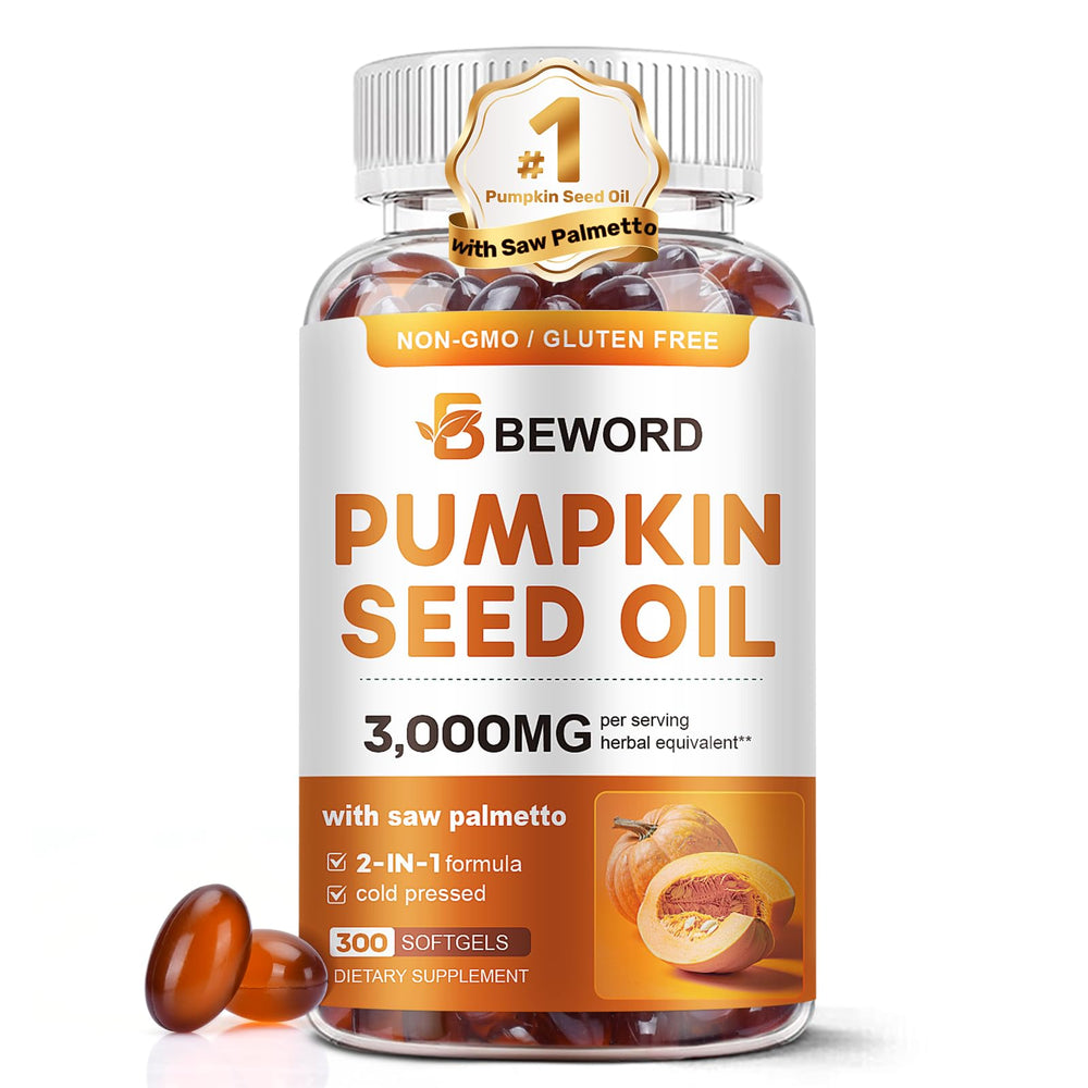 BEWORD pumpkin-seed oil with saw palmetto softgels bottle on white, potential hair vitality support.