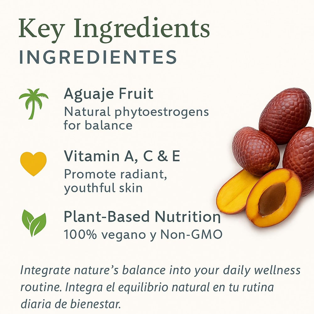 Aguaje fruit powder pictured beside capsules, hinting at Peruvian origin