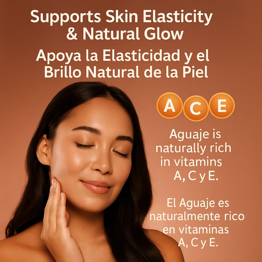 Peruvian Amazon scenery backdrop with Aguaje product display