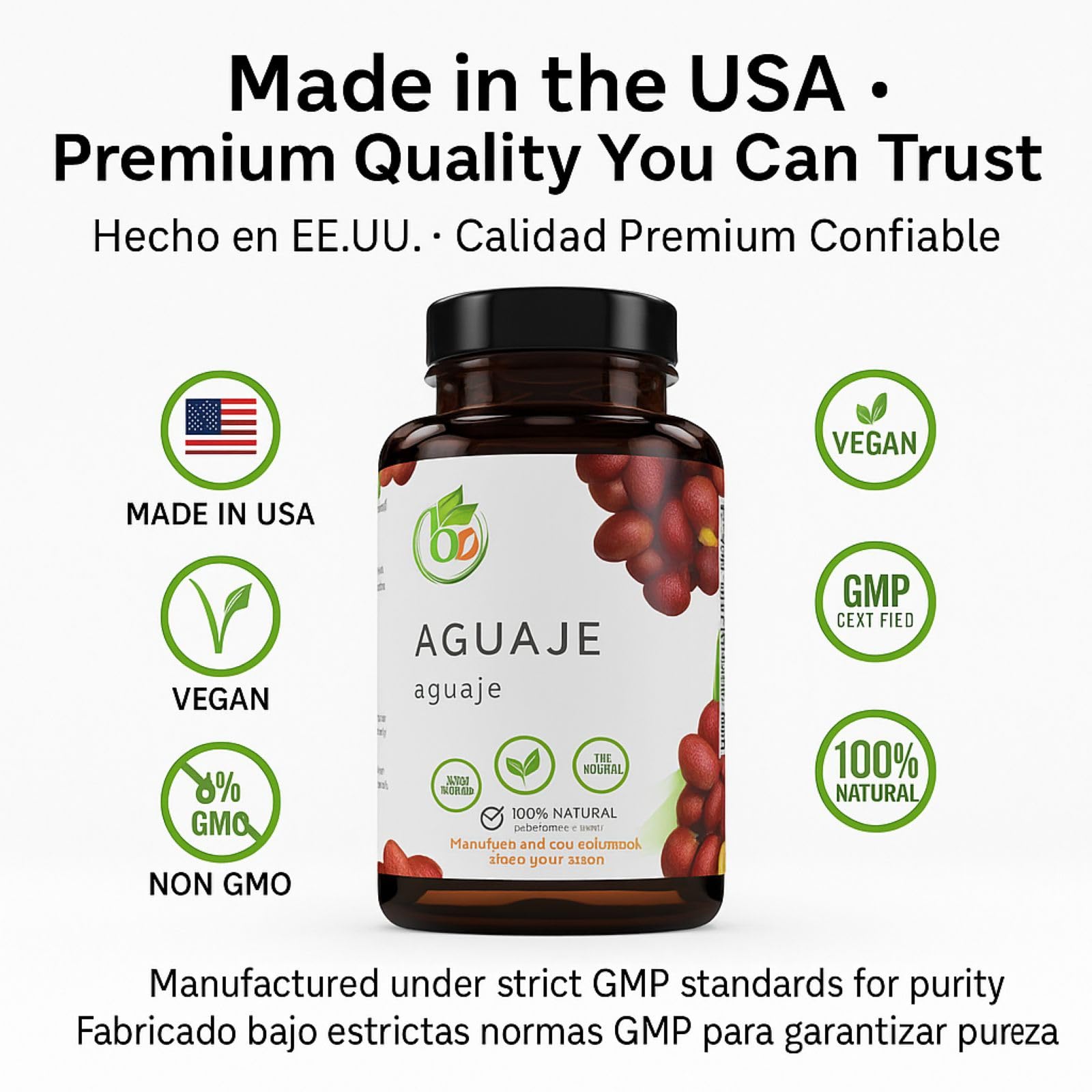 B-Experts Aguaje capsules with vegan and non-GMO icons