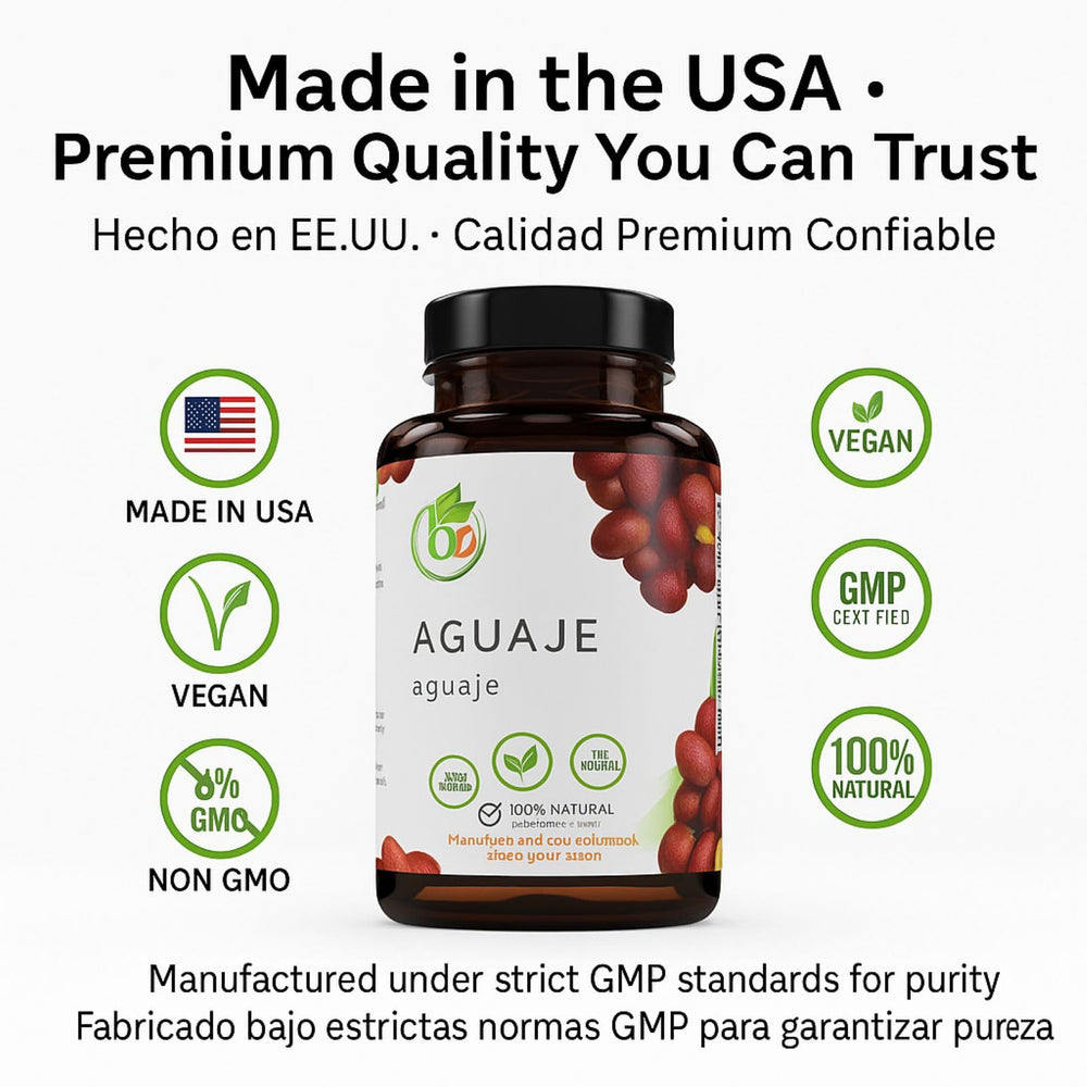 B-Experts Aguaje capsules with vegan and non-GMO icons