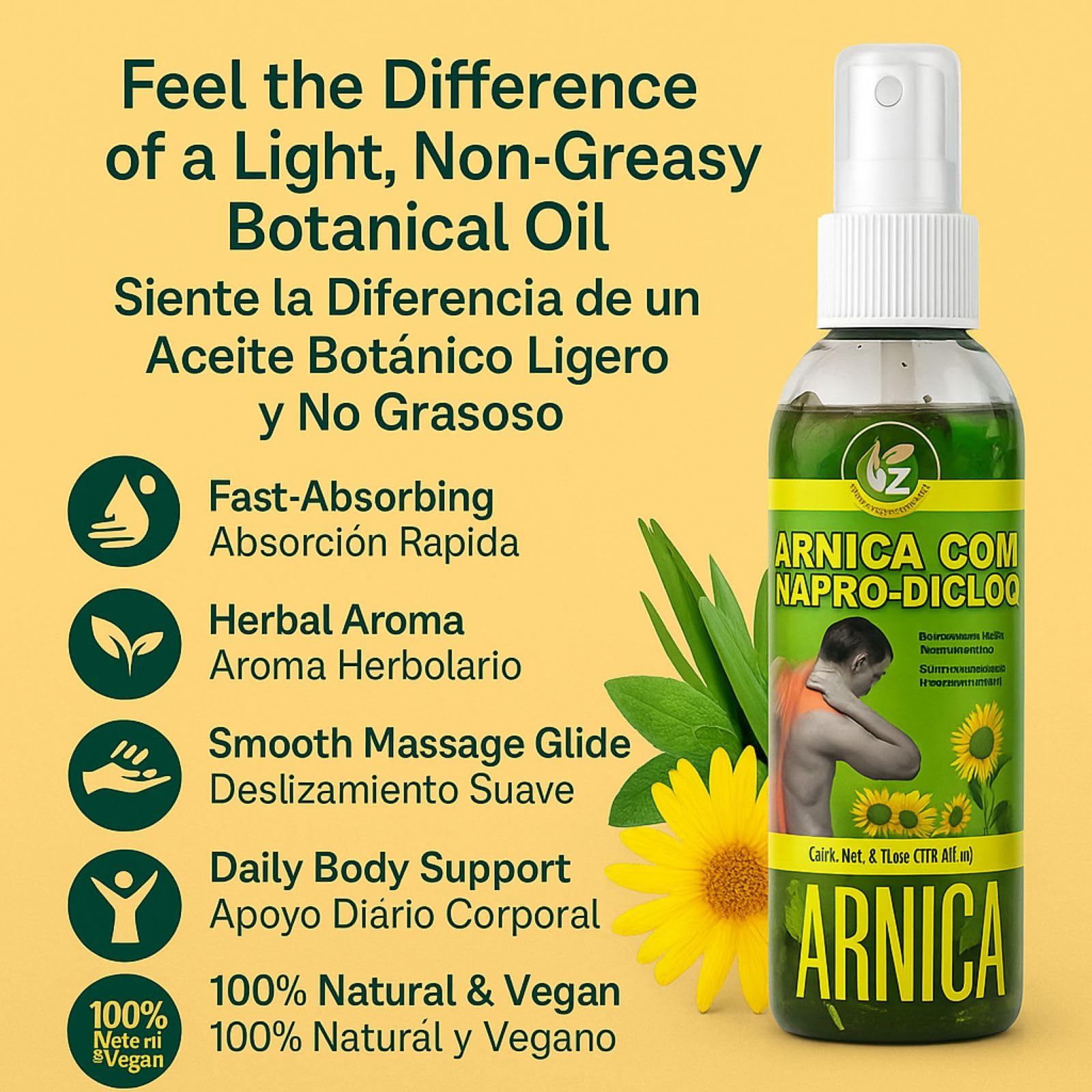 Close-up of BEXPERTSUSA Arnica bottle highlighting a concentrated blend for targeted relief.