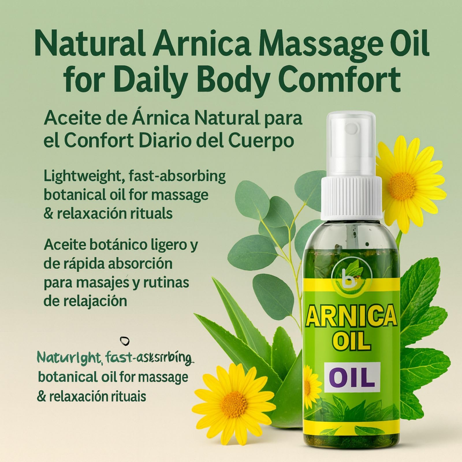 Hands massaging with BEXPERTSUSA Arnica Massage Oil for muscle comfort and relaxation.