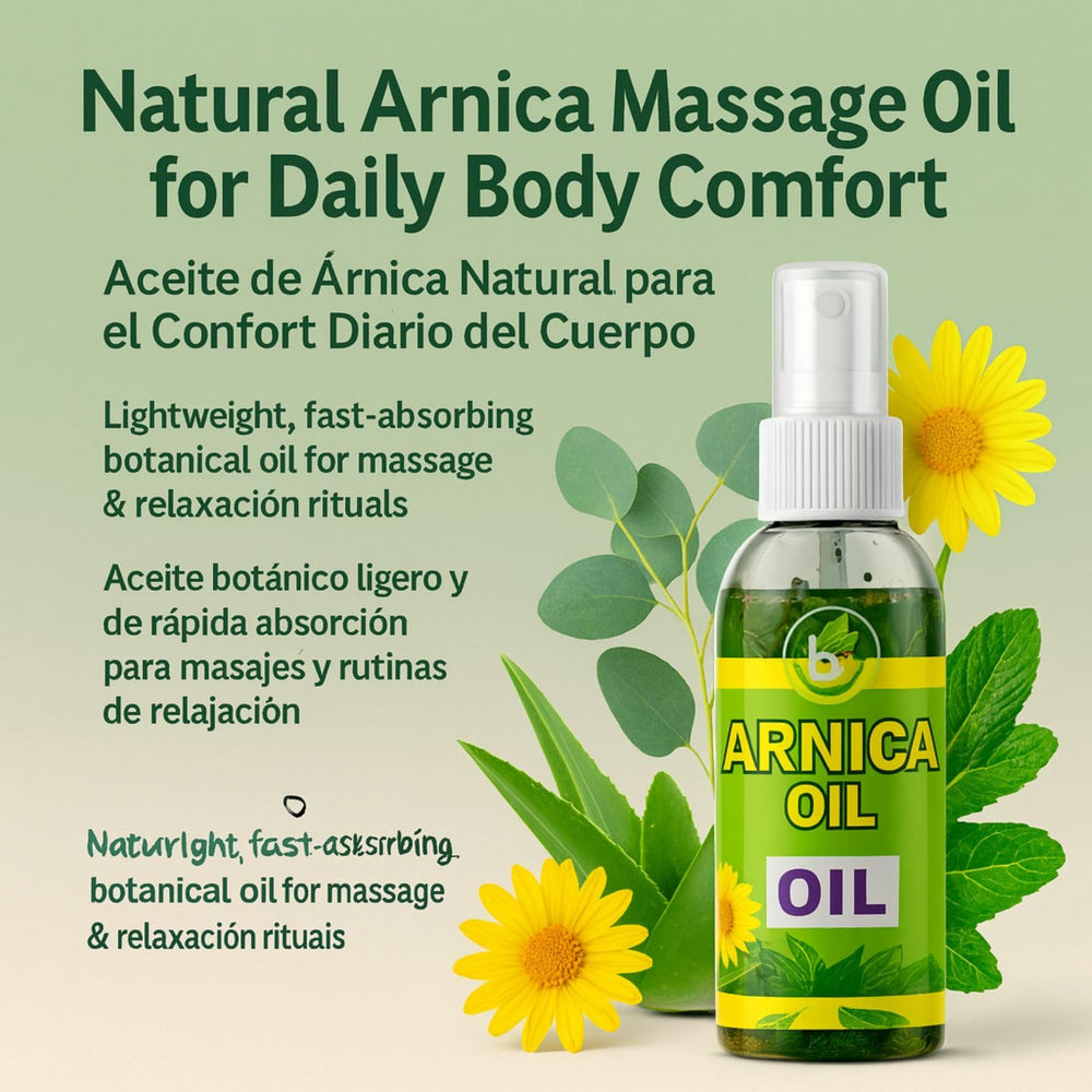 Hands massaging with BEXPERTSUSA Arnica Massage Oil for muscle comfort and relaxation.