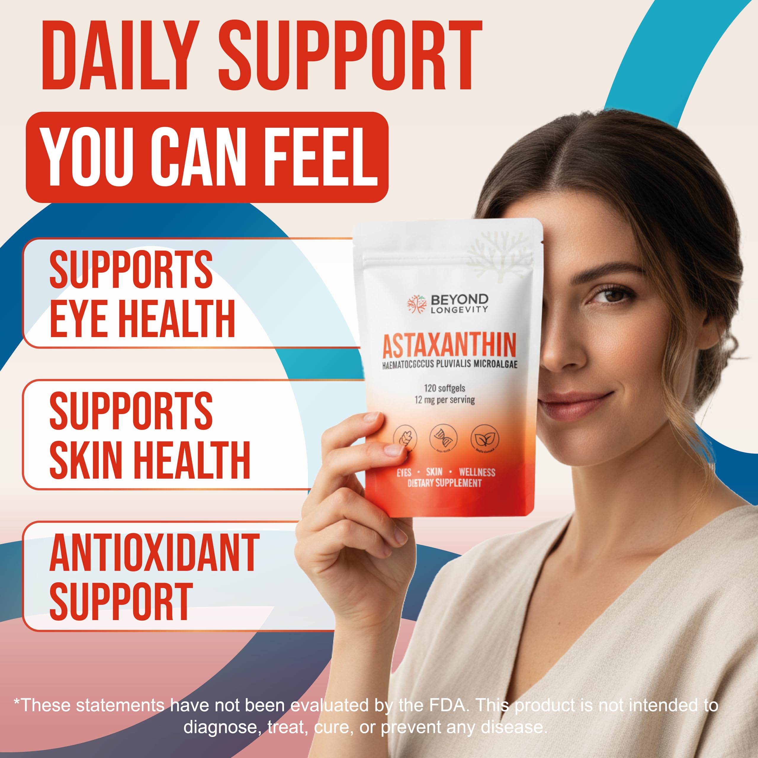 Serving size graphic for BEYOND LONGEVITY Astaxanthin indicating daily intake