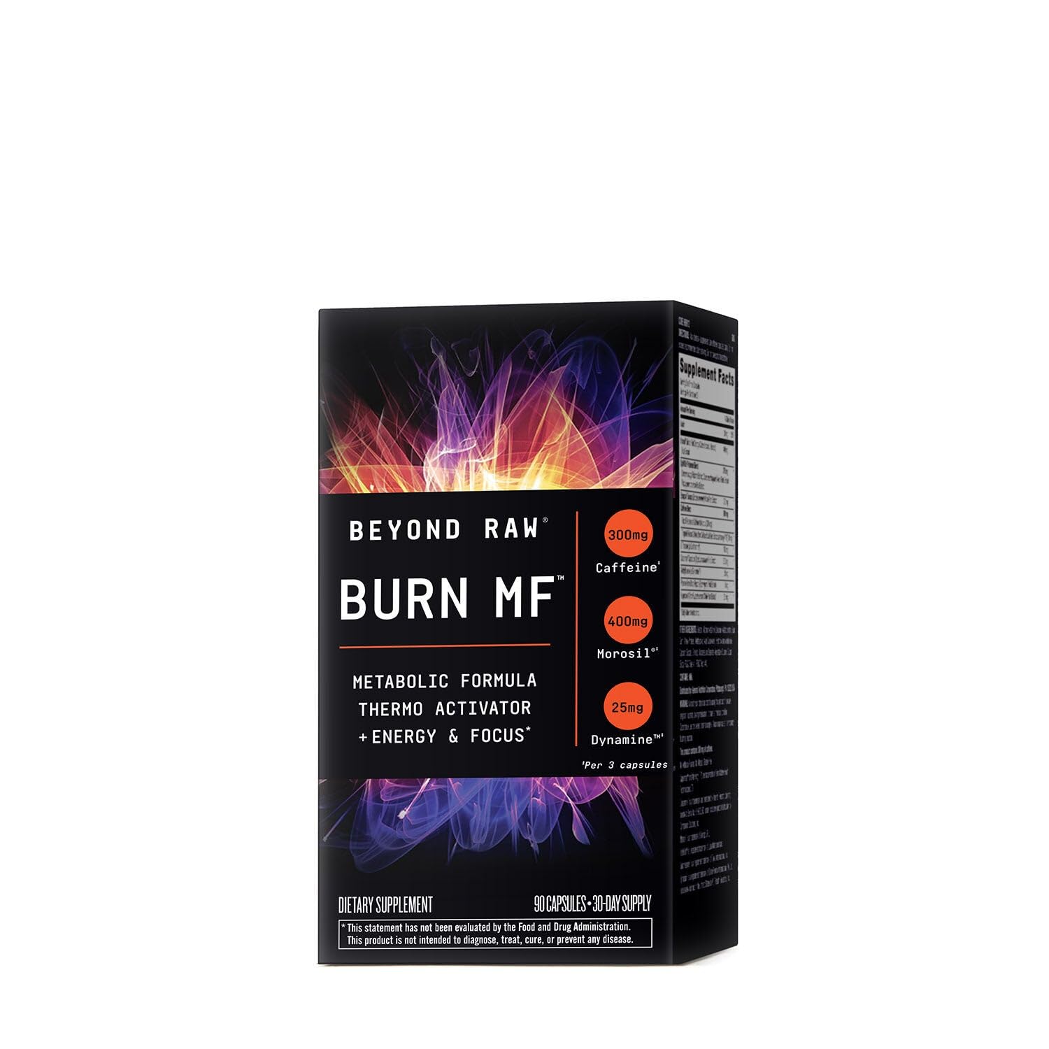 Beyond Raw Burn MF bottle front showing energy-boosting thermogenic formula for workouts
