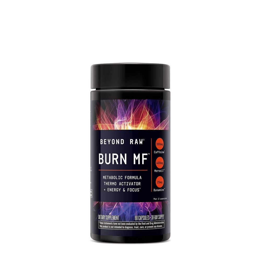 Beyond Raw Burn MF label close-up featuring Capsimax and caffeine blend for calorie support