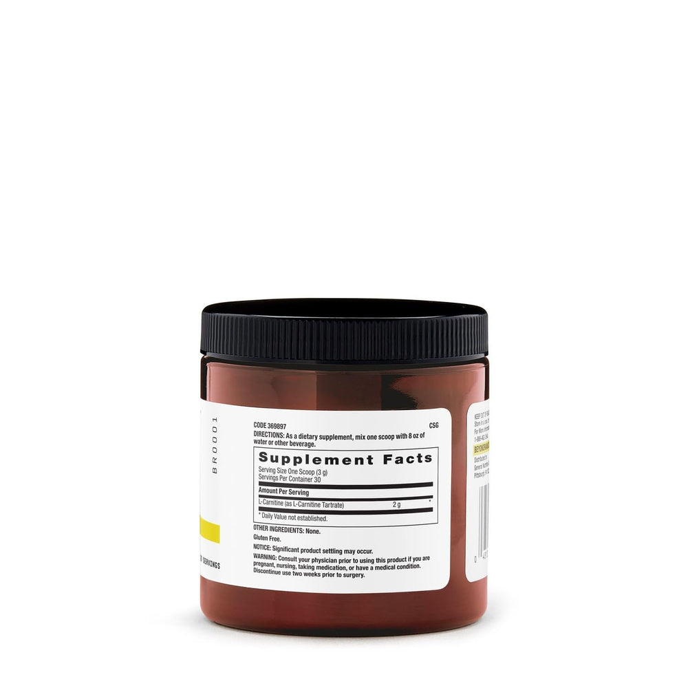 BEYOND RAW L-Carnitine powder label highlights dosage for precise daily use.