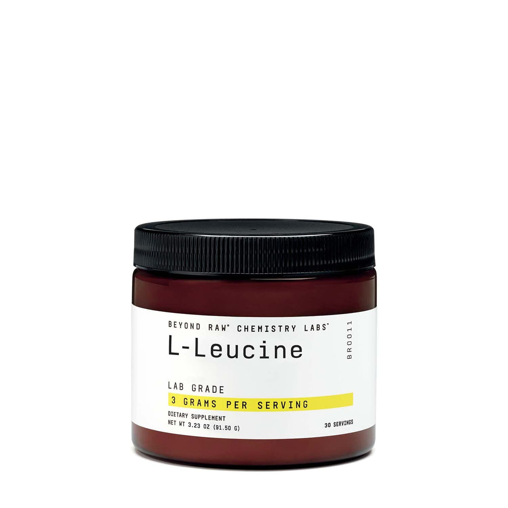BEYOND RAW Chemistry L Leucine powder bottle shown for consistent workout fueling.