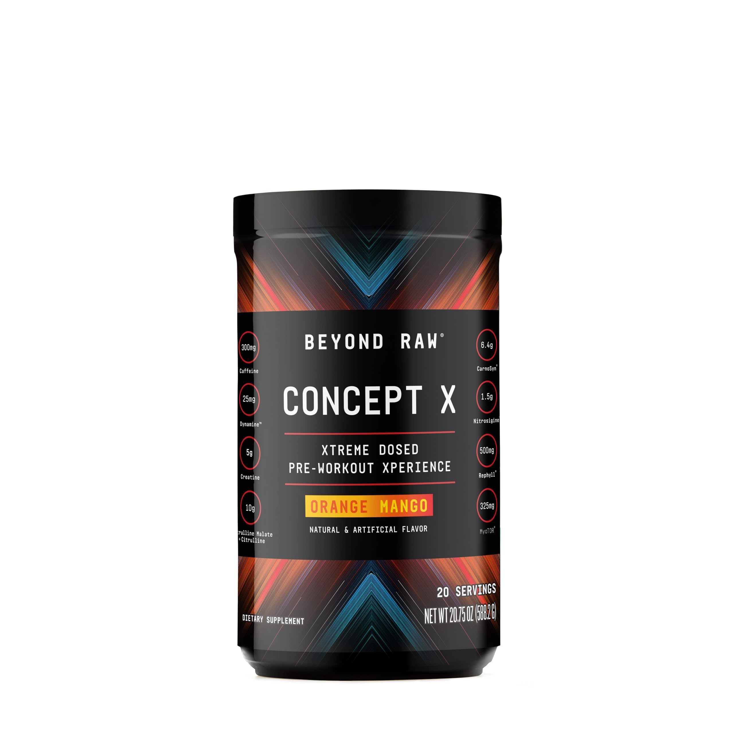 BEYOND RAW Concept X orange mango bottle front view for energy-boosting workouts