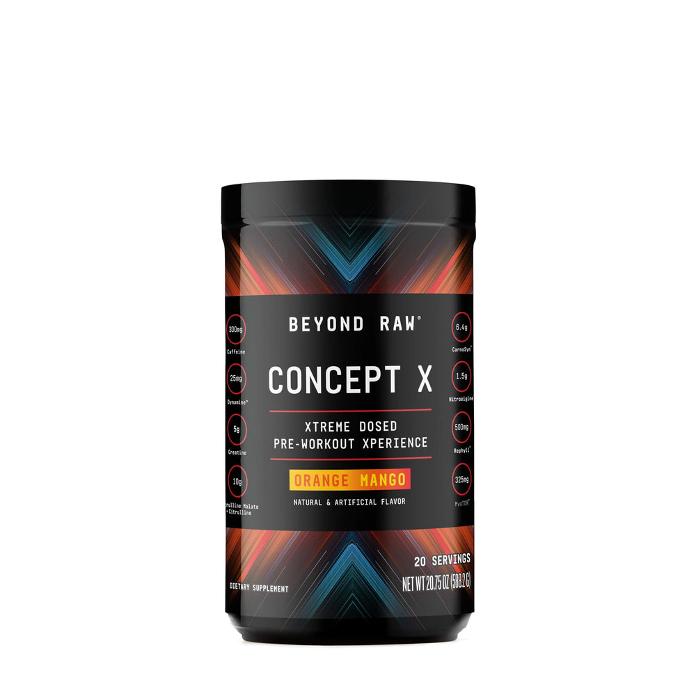 BEYOND RAW Concept X orange mango bottle front view for energy-boosting workouts