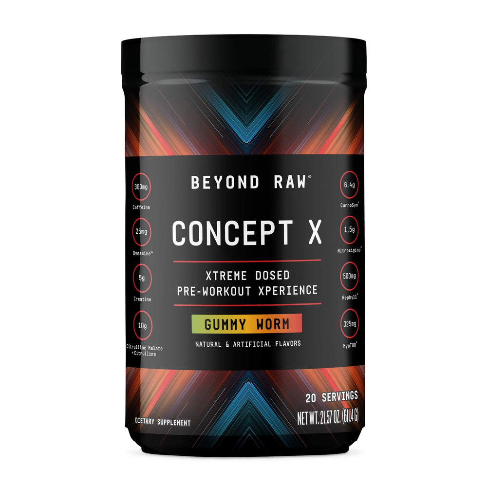Beyond Raw Concept X powder scoop shows gummy worm formula for energized workouts.