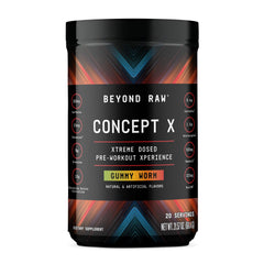 Beyond Raw Concept X powder scoop shows gummy worm formula for energized workouts.