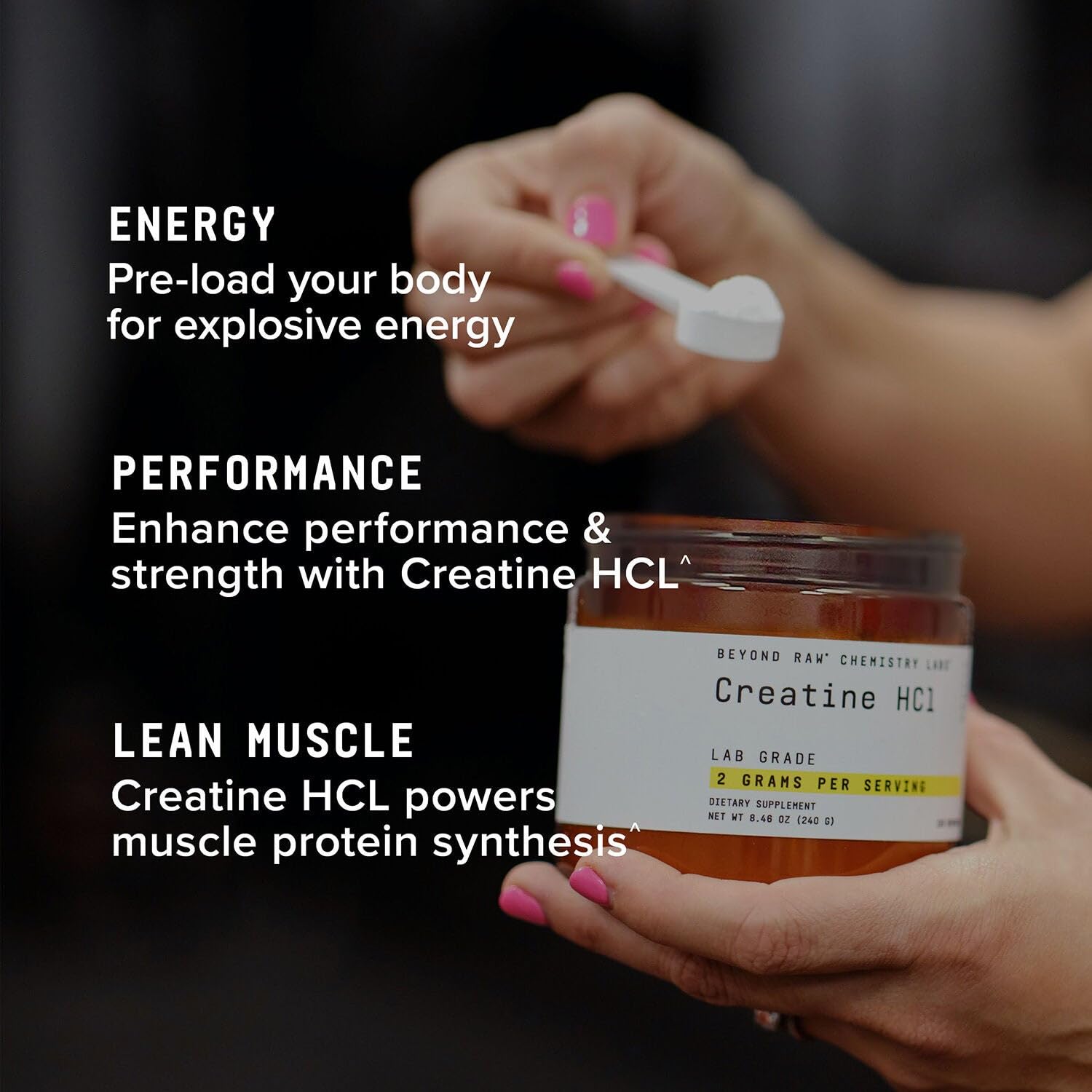 BEYOND RAW Creatine HCl powder with ingredients label signals quality and purity