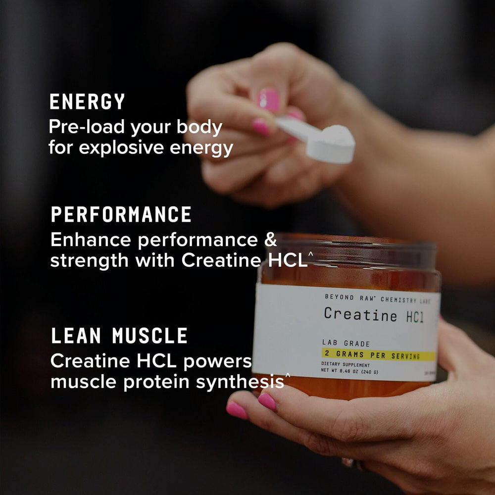 BEYOND RAW Creatine HCl powder with ingredients label signals quality and purity