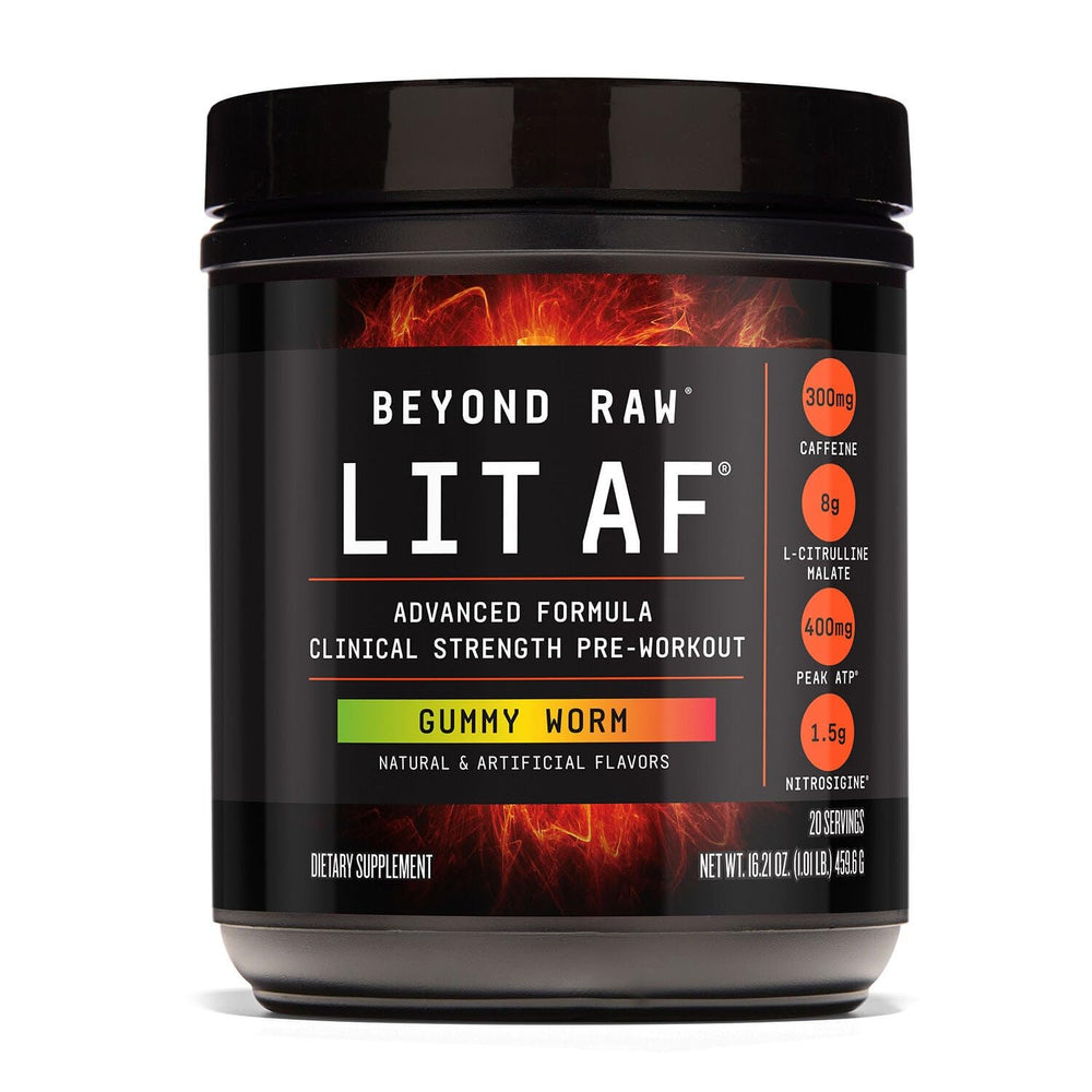 BEYOND RAW LIT AF bottle-front shows bold branding for on-the-go energy