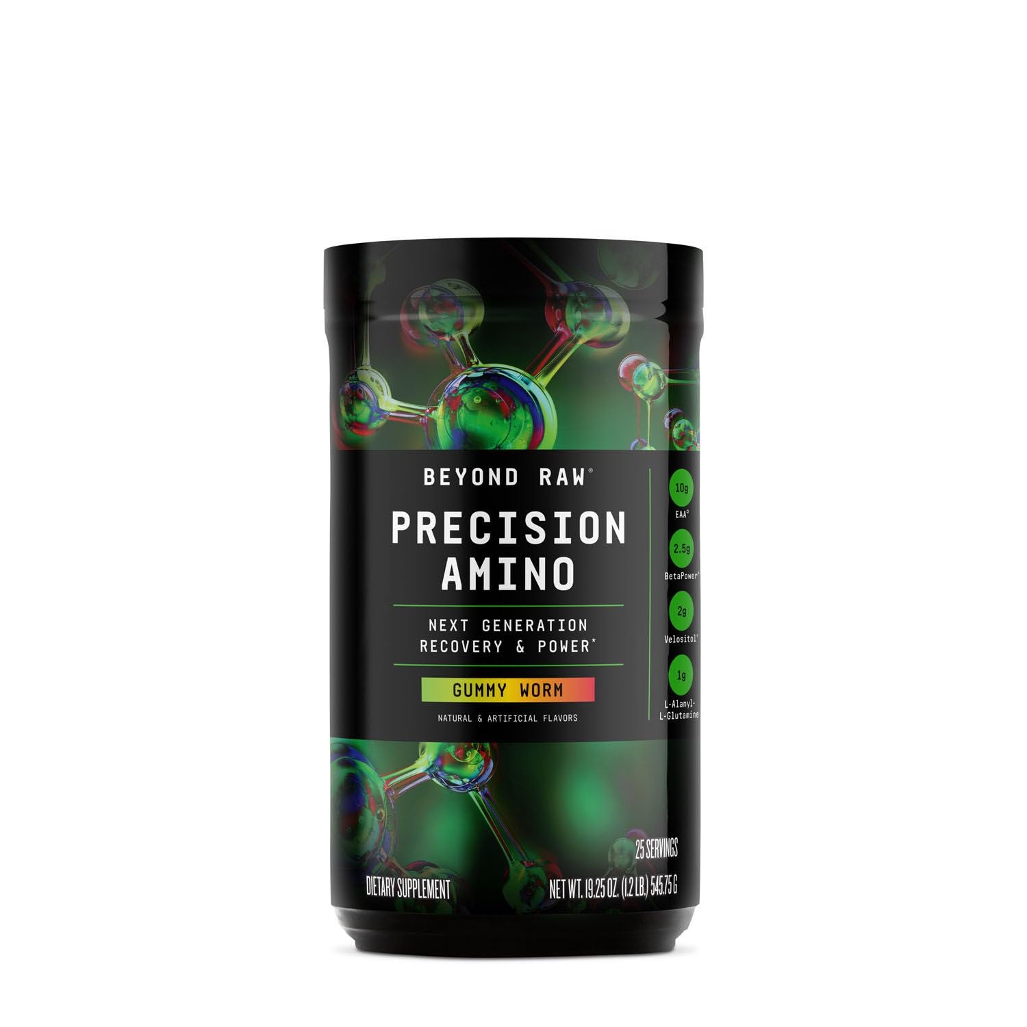 BEYOND RAW Precision Amino gummy worm bottle showing flavor and hydration potential.