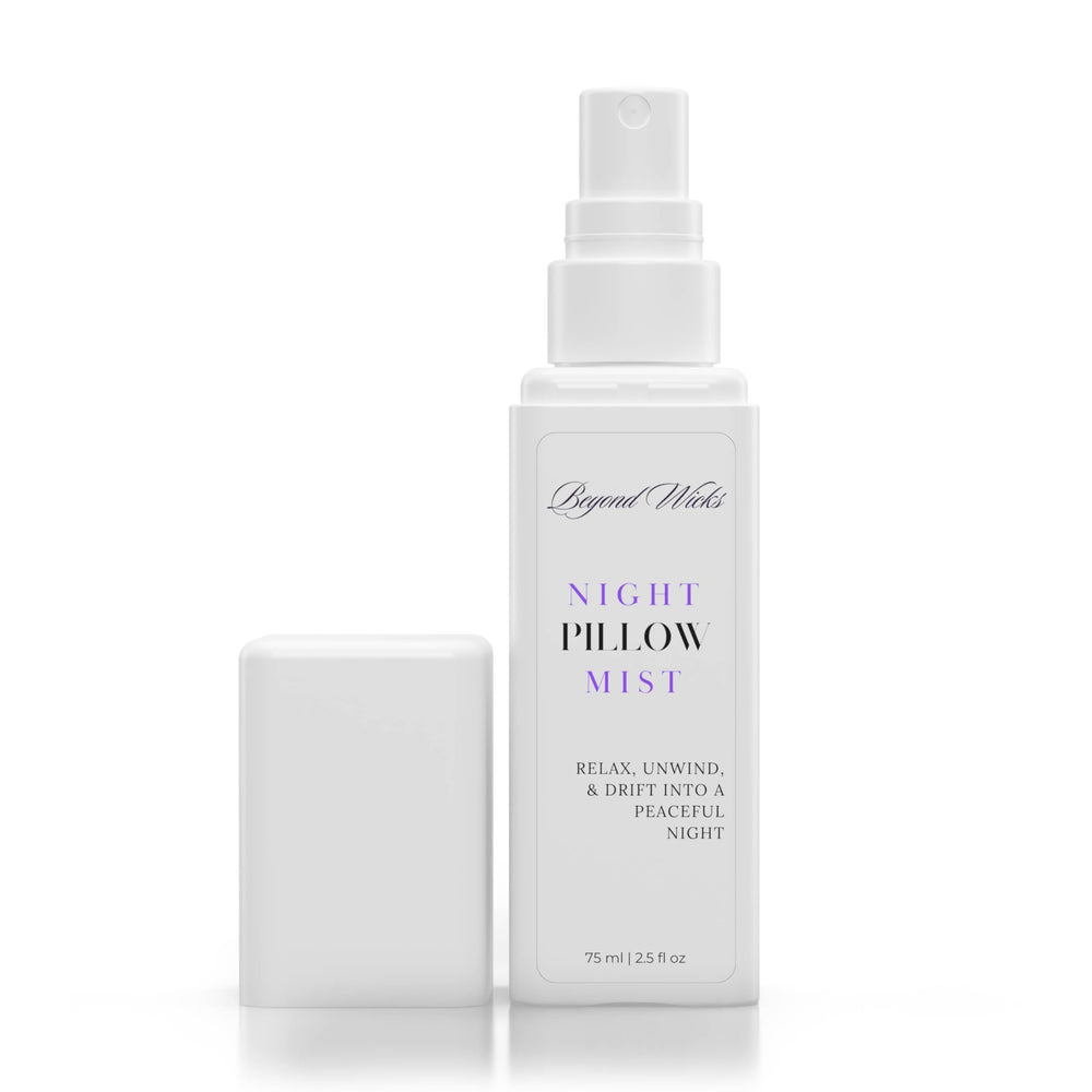 Beyond Wicks nightstand setup with lavender chamomile pillow spray enhances bedtime ambiance