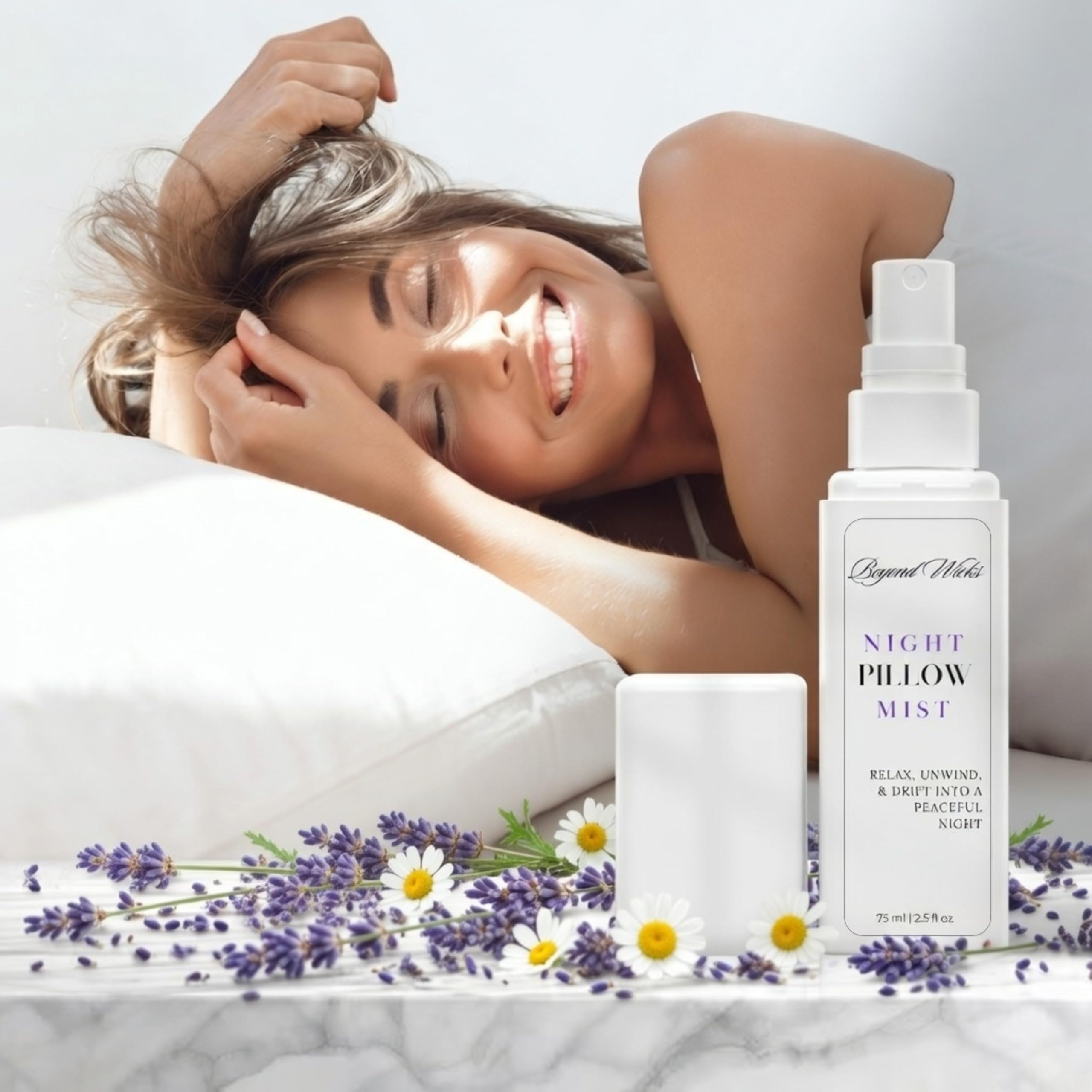 Beyond Wicks pillow spray on pillow for soothing, sleep-friendly aroma