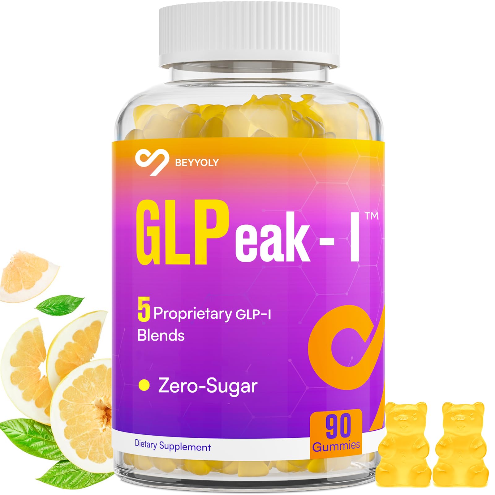 Beyyoly GLP-I gummy bottle front highlighting sugar-free design for daily wellness.