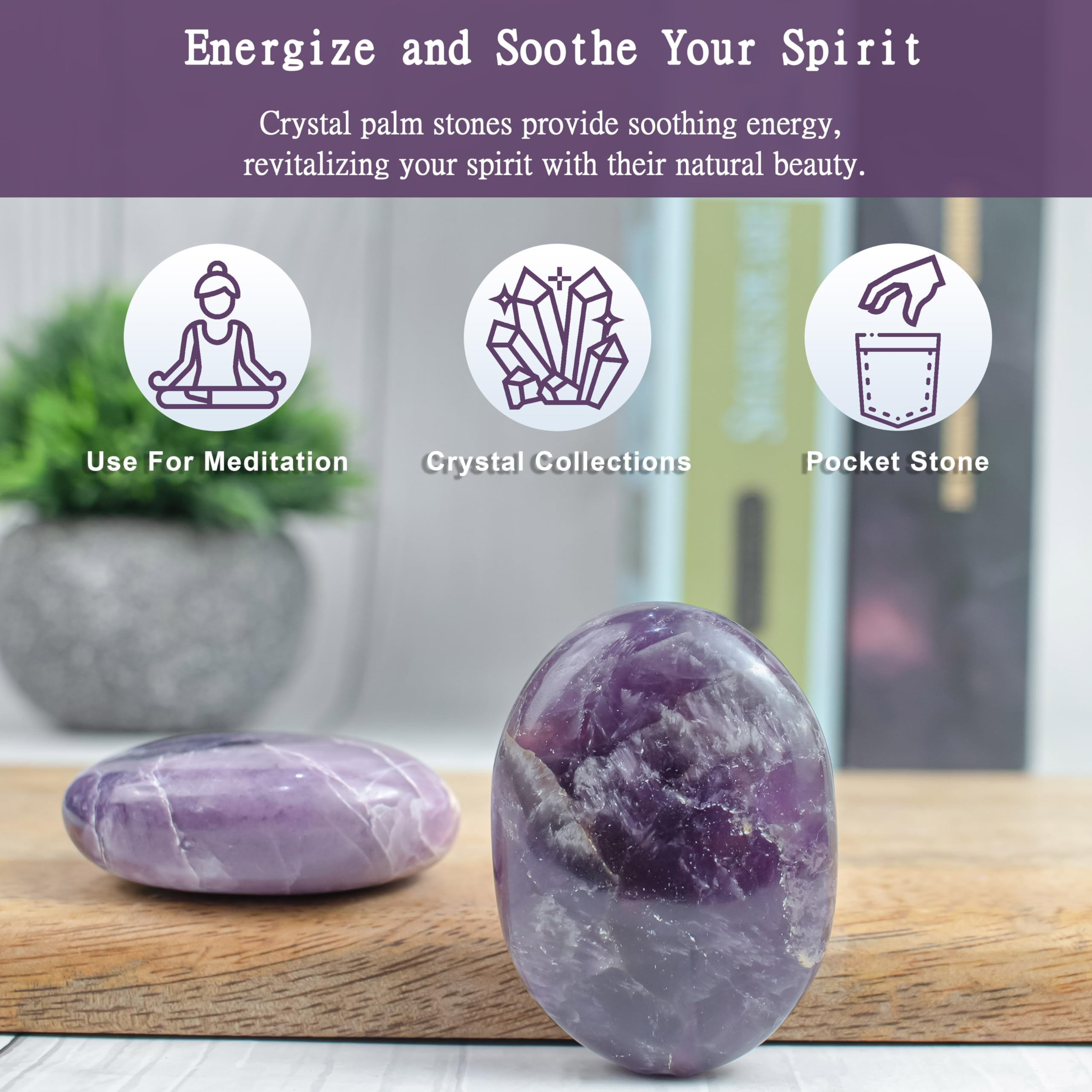 BEZAVO Amethyst Oval Palm Stone gemstone guide included for easy learning