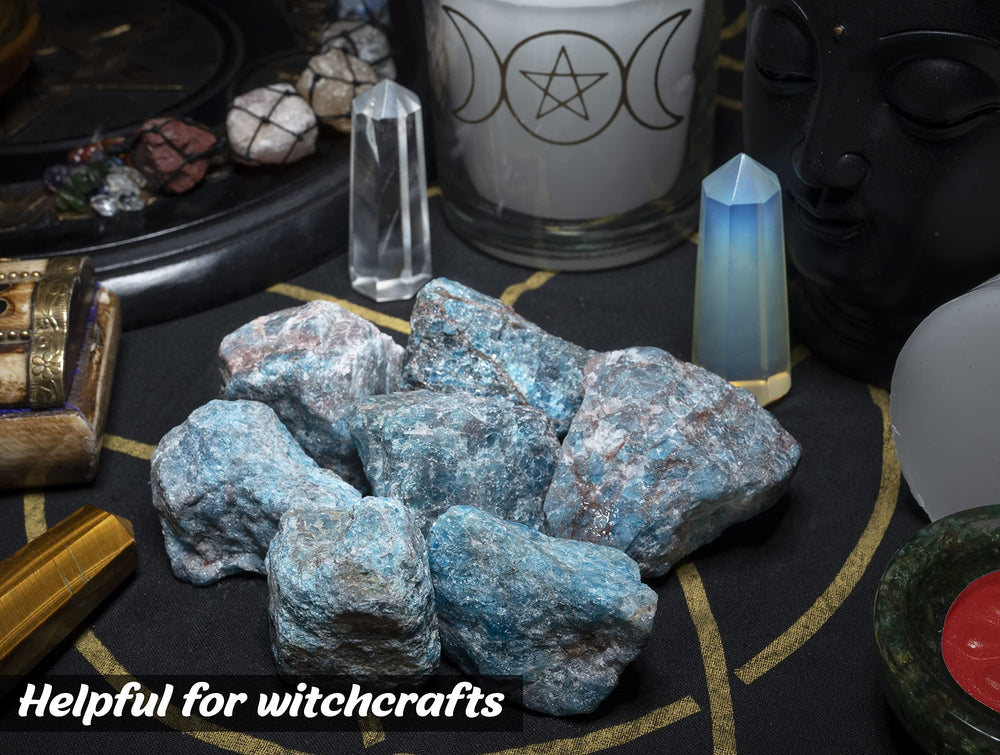 BEZAVO Rough blue apatite stones support Reiki and meditation setups.
