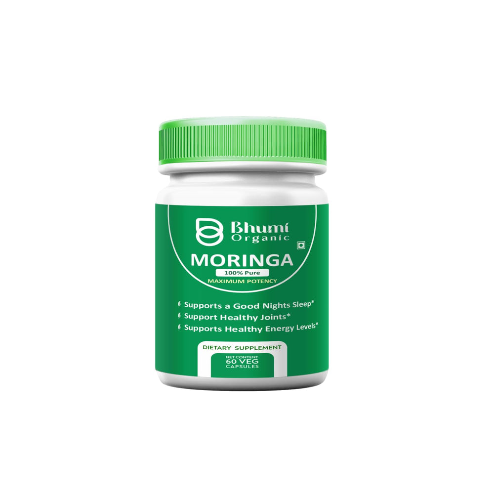 Bhumi Organic Moringa capsules 800mg bottle close-up for daily nutrition
