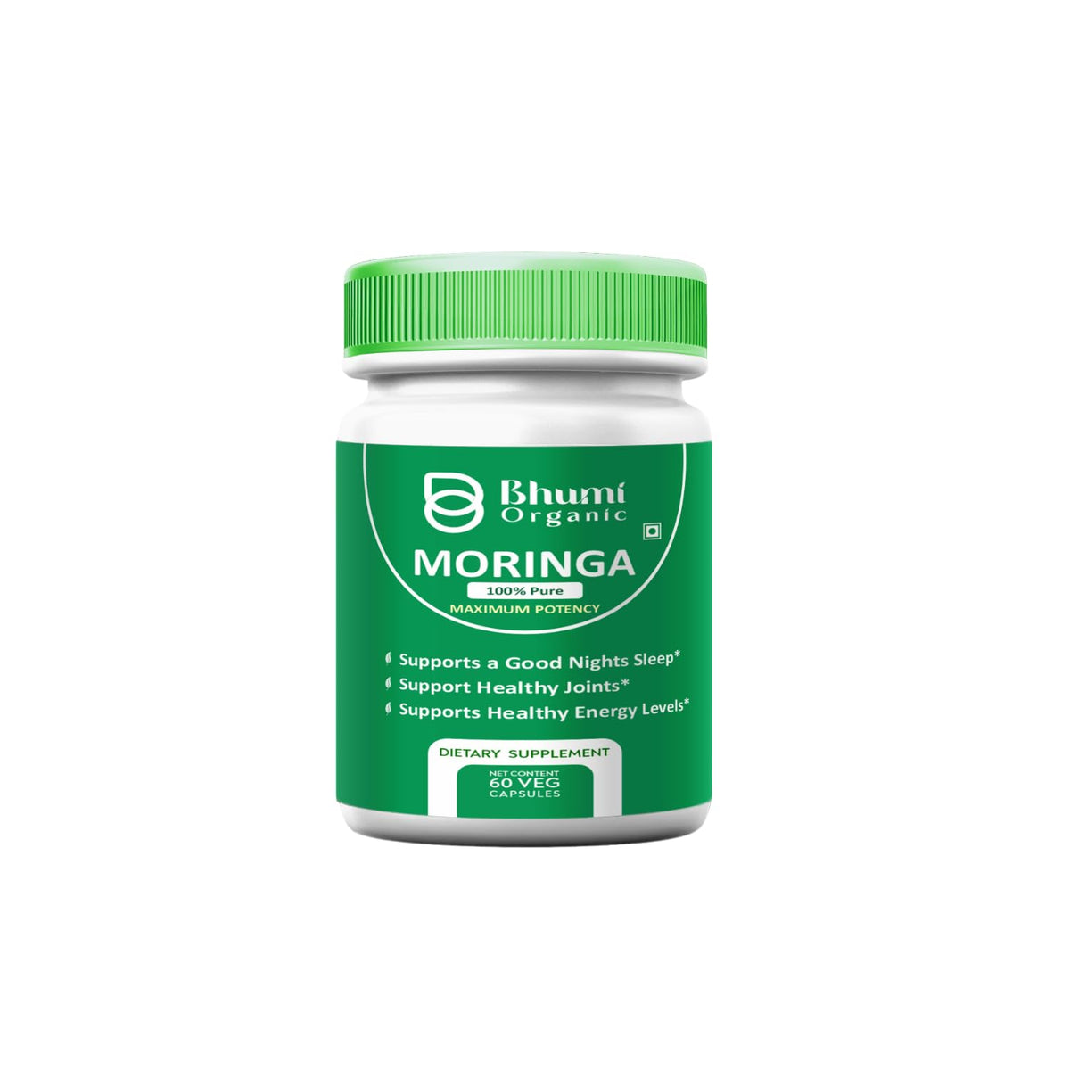 Bhumi Organic Moringa capsules 800mg bottle close-up for daily nutrition