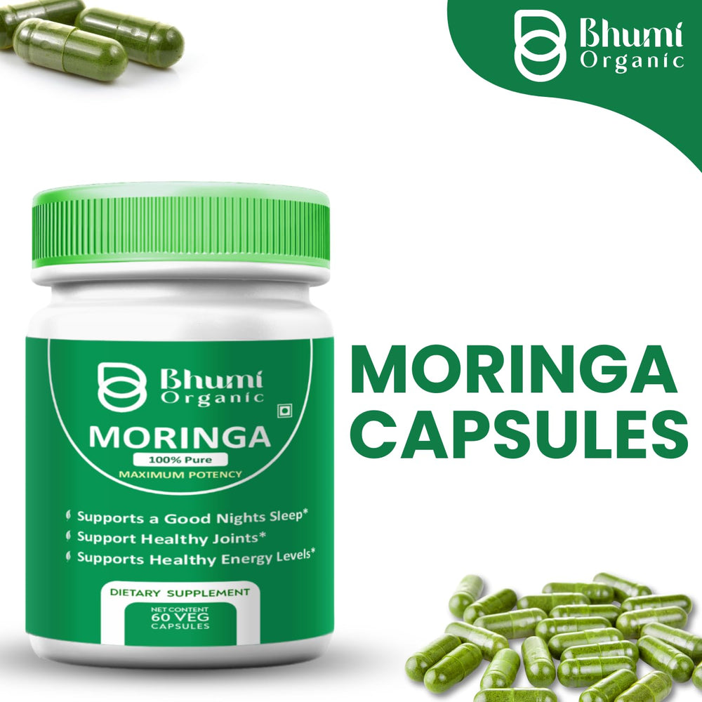 Bhumi Organic Moringa capsules bottle front showing vegan capsules