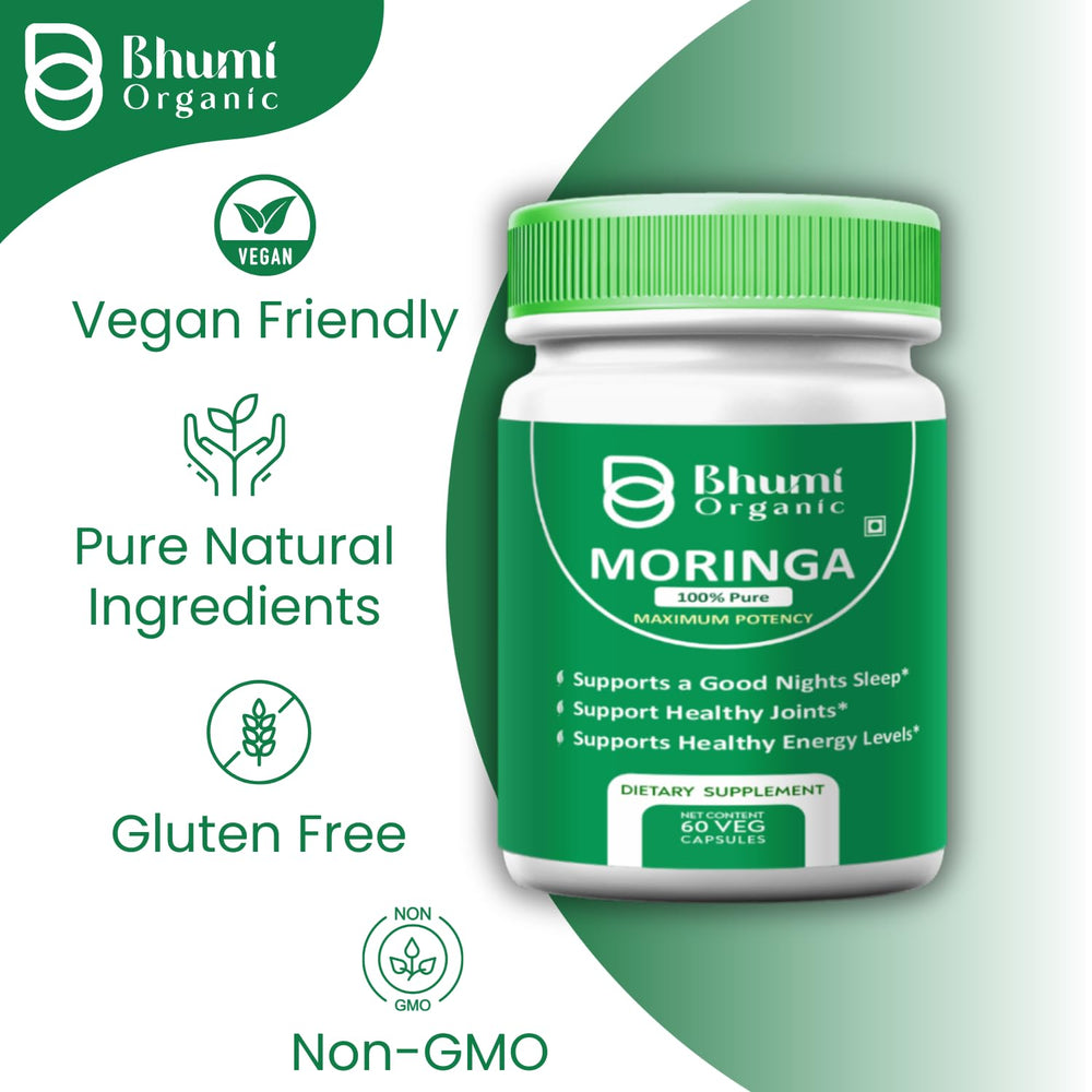 Bhumi Organic Moringa powder texture close-up shows fine consistency