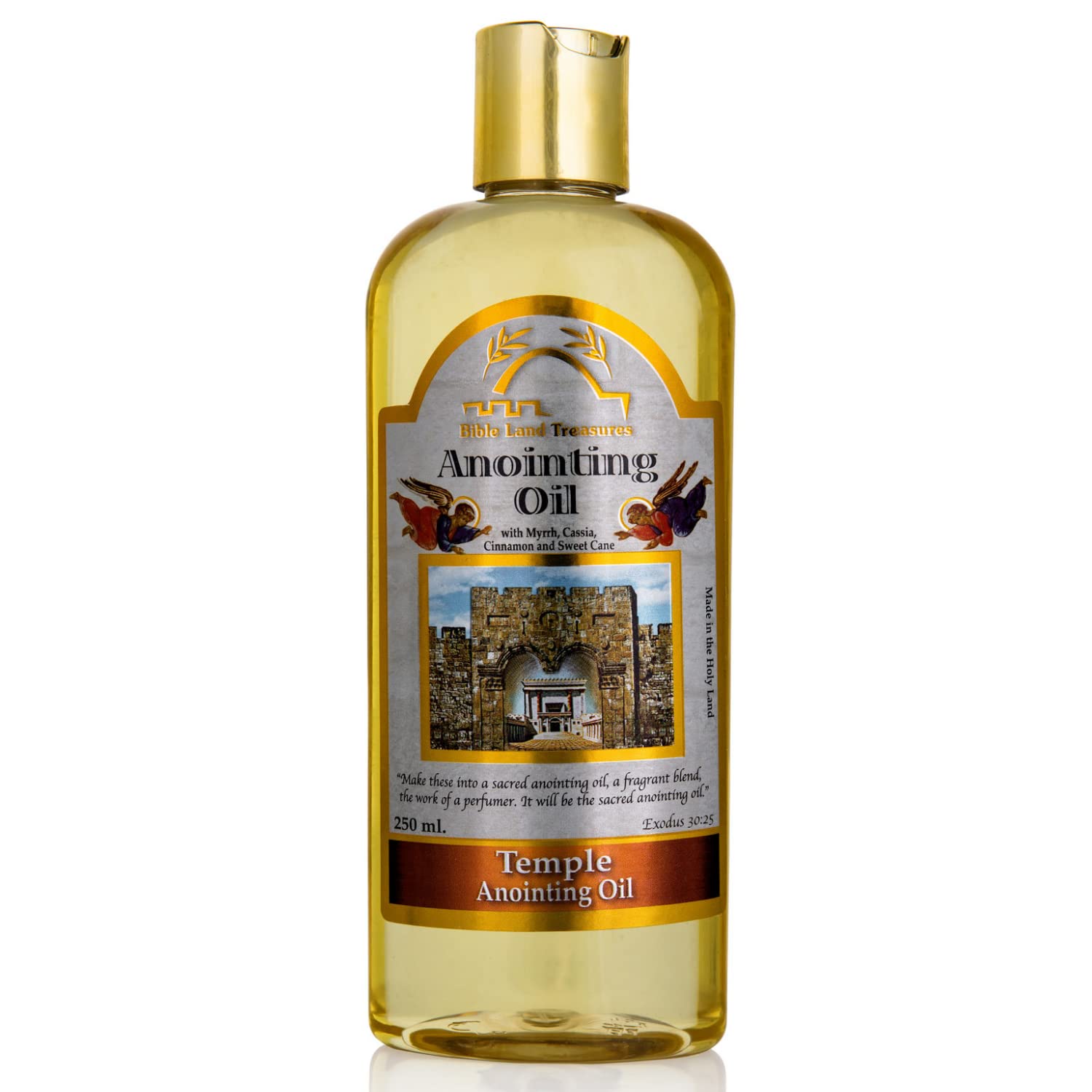 Bible Land Treasures Anointing Oil bottle on altar for focused prayer and blessing.