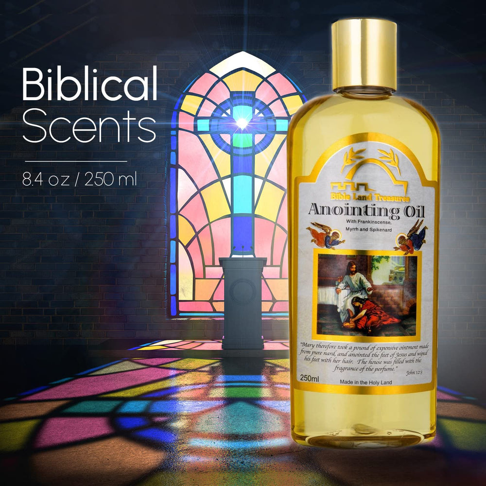 Bible Land Treasures Anointing Oil bottle on wood evokes sacred heritage.