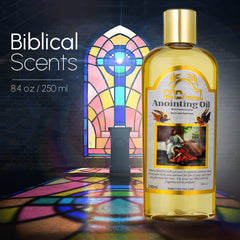 Bible Land Treasures Anointing Oil bottle on wood evokes sacred heritage.