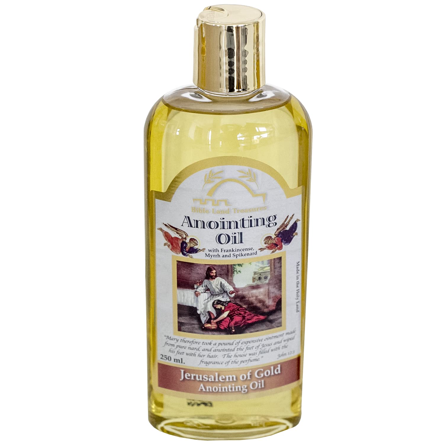Bible Land Treasures Anointing Oil bottle, ideal for sacred moments during prayer.