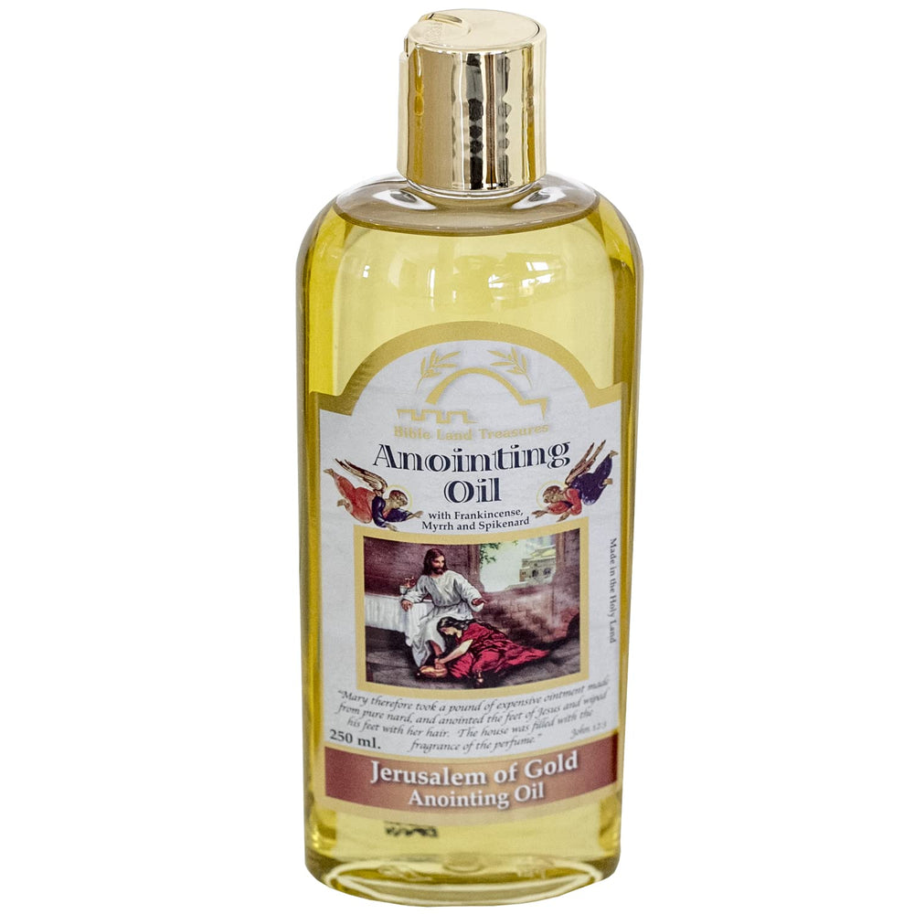 Bible Land Treasures Anointing Oil bottle, ideal for sacred moments during prayer.