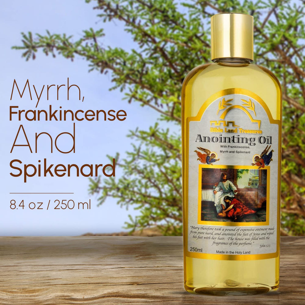 Bible Land Treasures Anointing Oil label closeup highlighting premium blend.