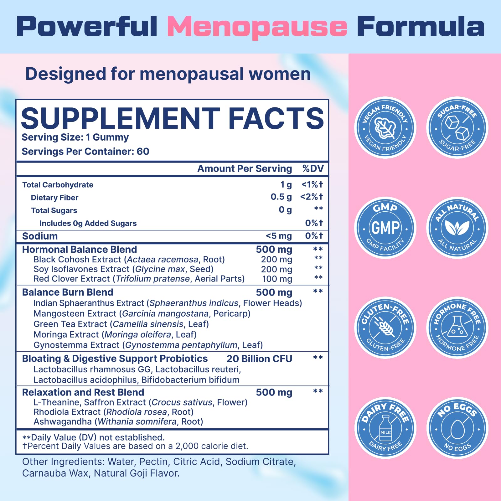 Biegeos menopause gummies ingredients scene highlight herbs and probiotic blend.