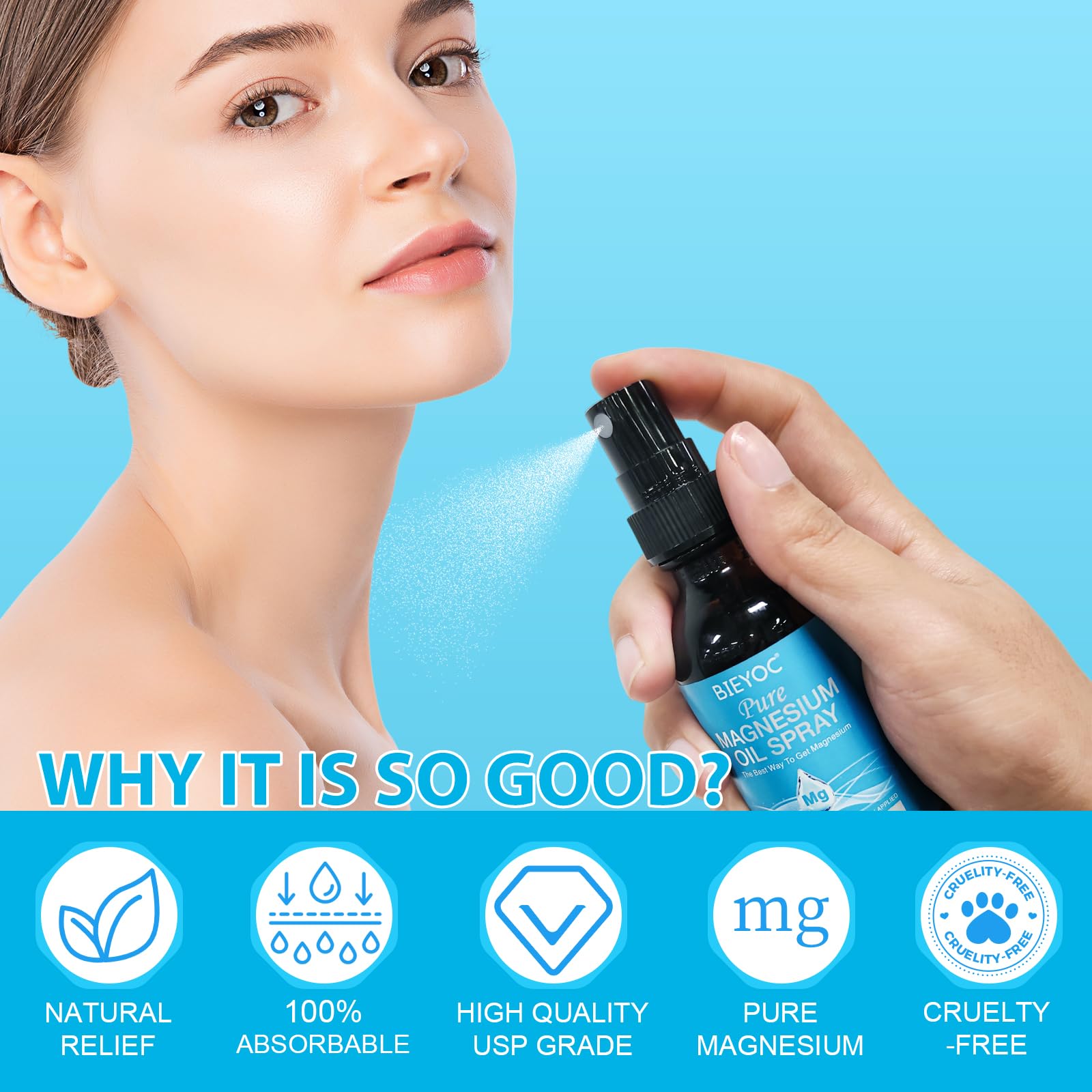 Bieyoc easy absorption spray on skin demonstrates fast, non-greasy finish