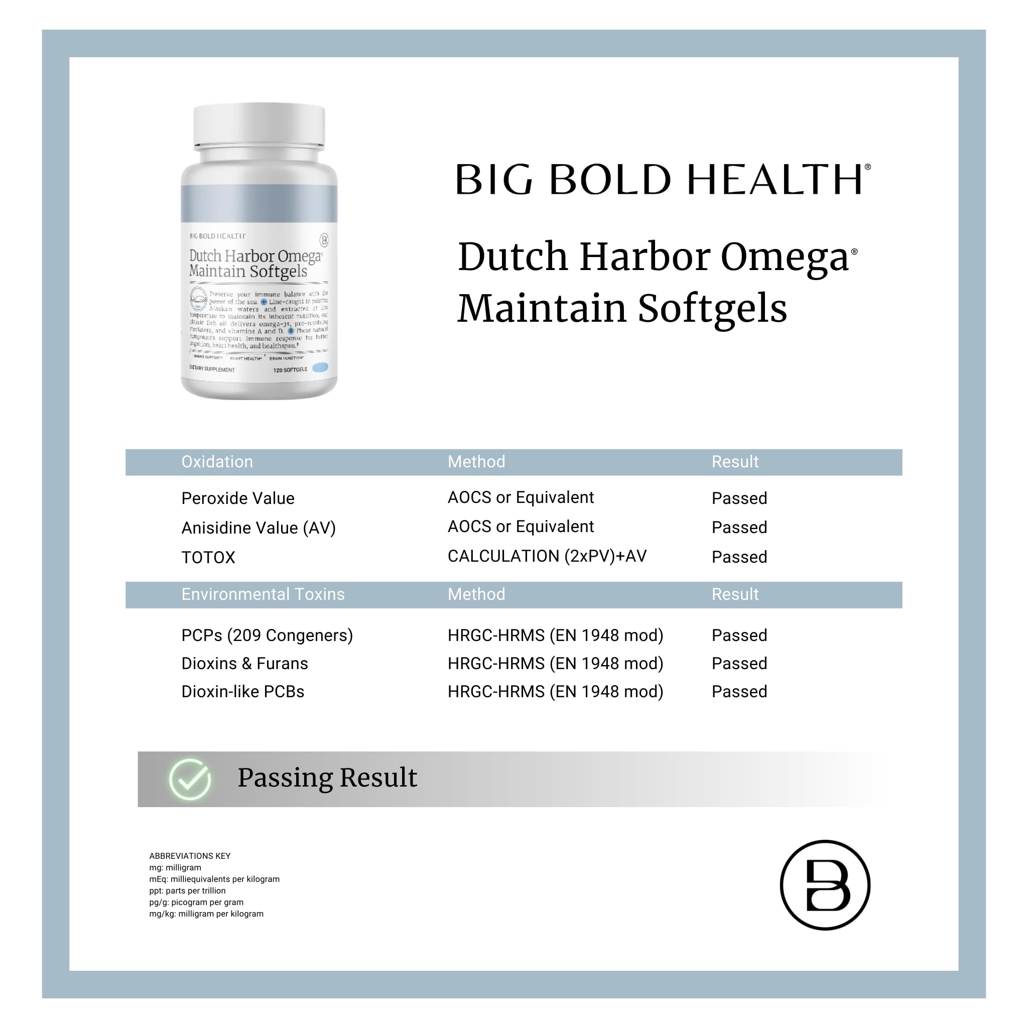 Sustainability crest emphasizes eco-friendly sourcing for Big Bold Health Omega.